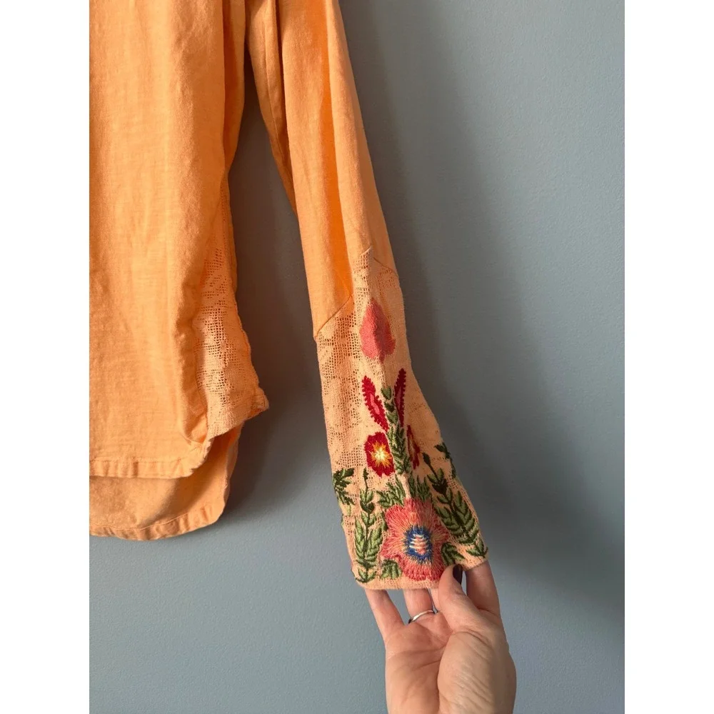 Women's Sundance Light Orange Embroidery Lace Insert Long Sleeve Top Size XLarge - Picture 7 of 12